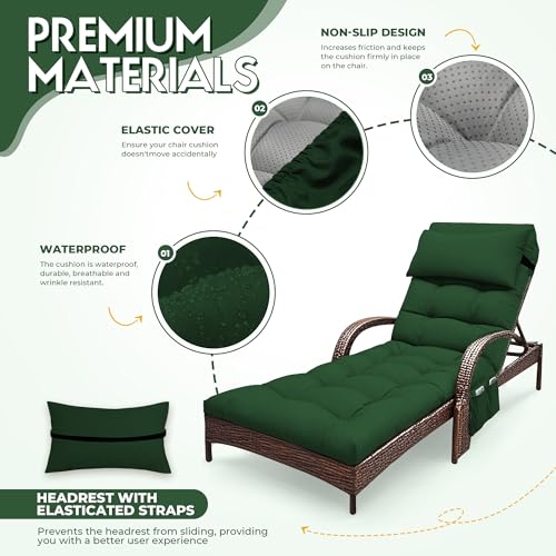 Outdoor Chaise Lounge Chair Cushion, Waterproof Outdoor Chair Cushions for Patio Furniture, 71 x 21 x 4 Inches Replacement Chaise Lounge Cushion with Ties (Green) - color: Green