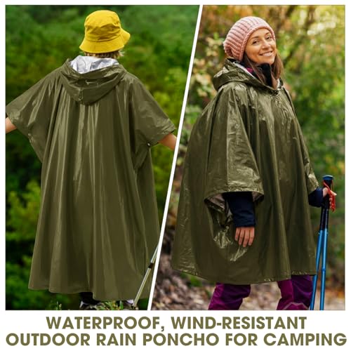 Tellegloww Emergency Ponchos with Polyester Film Blanket Liner Waterproof Windproof Thermal Survival Blanket Rain Ponchos - color: Green