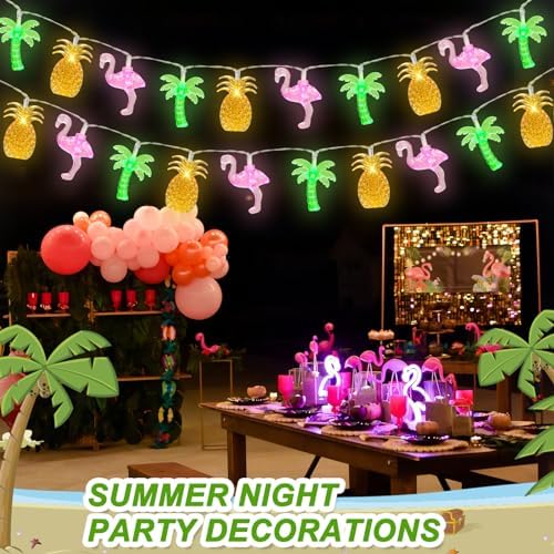 Olixmlya 30 LED [ 8 Modes & Timer ] 16Ft Summer Tropical Beach Hawaiian String Lights Tropical Flamingo Pineapple Palm Tree Fairy Lights Battery Operated for Party Beach Pool Summer Decor