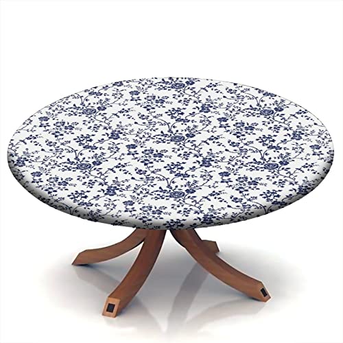 Blue Floral Fitted Tablecloth Round, Floral Pastoral Style Elastic Edge Table Cover, Polyester Table Pad Cloth for Indoor Fits Tables up to 24 in Diameter - color: Blue, size: 24" (Round)