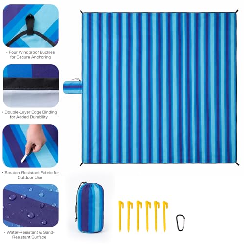 OIGAE Extra Large Beach Blanket, 10×10 ft Sand-Free Outdoor Picnic Mat for Groups, Water-Resistant Windproof Blanket with Stakes, Blue Stripe - color: Blue Stripe, size: 10x10 Ft (2～10 person)