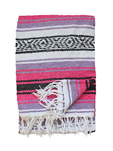 Del Mex Classic Mexican Blanket, Large Authentic Woven Falsa Throw (70"x50"), Artisan Southwest Décor for Beach, Yoga, Outdoors (Pink/Purple) - color: Pink/Purple