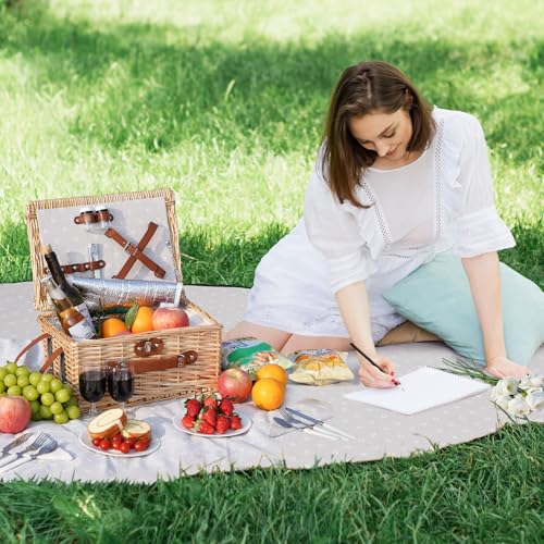 HappyPicnic Picnic Basket Set for 2 - Wicker Picnic Basket with Waterproof Blanket & Insulated Liner, Large Handmade Willow Hamper with Cutlery Kit for Outdoor, Picnic, Camping, Holidays (Flower) - color: White Flower