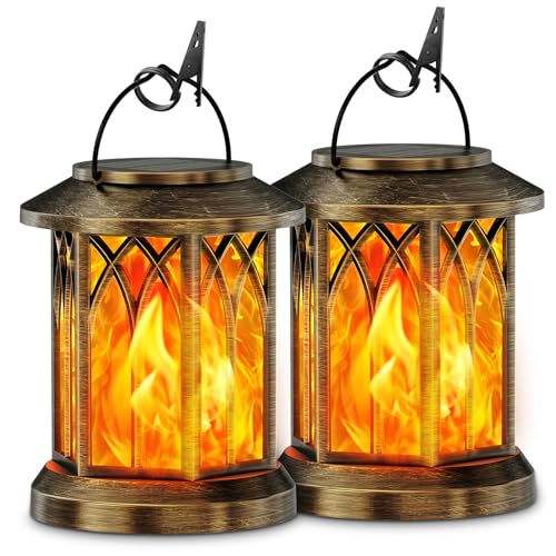 KOOPER 2 Pack Solar Lanterns Outdoor Waterproof, Upgraded Flickering Flame Solar Lantern Lights, Auto On/Off Lanterns Decorative Outdoor, Outdoor Hanging Lantern for Yard Garden Table Decor (Bronze ) - size: 2 Pack, style: Flame