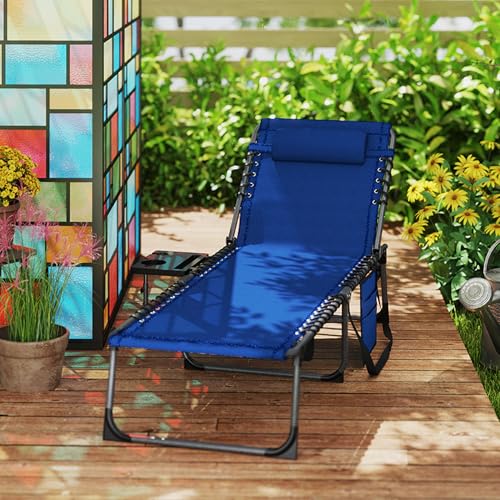 Outsunny Folding Chaise Lounge Chair Outdoor Tanning Chair with Side Table, 5-Level Adjustable Beach Lounge Chair with Headrest, Side Pocket for Patio, Backyard, Beach, Poolside, Dark Blue - color: Dark Blue
