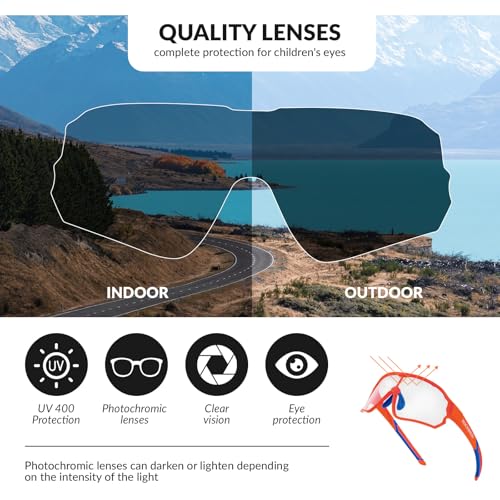 ROCKBROS Kids Photochromic Cycling Glasses, UV400 Clear to Dark Transition Sports Sunglasses for Youth Boys Girls Age 8-14 - color: Matte Orange / Photochromic