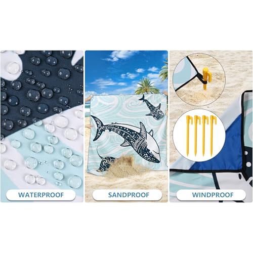 HIHOHO Beach Blanket Waterproof Sandproof Beach Mat 79”x 83” for 1-8 Adults Quick Drying Durable Outdoor Picnic Mat for Beach Festival Travel Camping Hiking (Shark, 79"×83"(4 Person)) - color: Bl-shark, size: 6'11" x 6'7"
