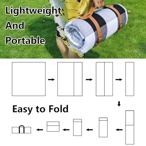 79”x79” Picnic Blanket Extra Large, Waterproof and Foldable Beach Blanket, 3-Layer Outdoor Blanket for 6 to 8 Adults, for Camping, Park, Beach, Grass, Indoors - color: Black and White Grids