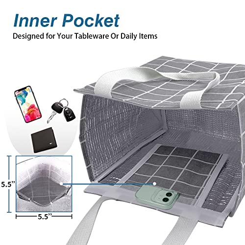 iknoe Insulated Lunch Bag for Women & Adults, 9L Foldable Wide-Open Cooler Bag with Pockets, Leakproof & Portable, for Picnic, Office, Beach(Gray grid) - color: Grey Plaid, size: Velcro Closure