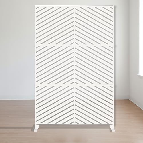 Kozyard Metal Privacy Screen 74" H x 47.2" W Decorative Outdoor Divider with Stand Panels Freestanding Screen Set for Deck Patio Balcony Garden Outdoor&Indoor (White/Chevron) - color: White/Chevron