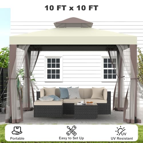 Gazebo, 10'x10' Patio Gazebo Outdoor Waterproof Canopy Tent UV-Resistant 2-Tier Top Sturdy Canopy Shelter Tent for Camping with Removable Netting for Garden Patio Backyard (Beige & White, 10' x 10') - color: Beige & White