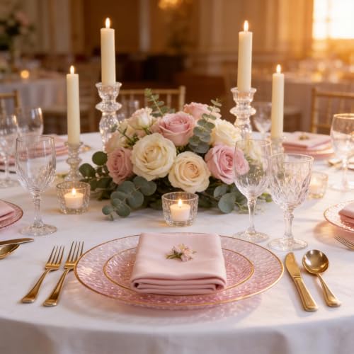 DaYammi 350 Pcs Clear Pink Plastic Plates, Hammered Disposable Dinnerware, Pink Plates Set Include 100 Plastic Platos, 150 Gold Disposable Silverware, 50 Cups And 50 Napkins for Mother's Day Party - color: Clear Pink, size: 350 Pcs