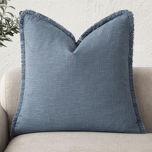 Foindtower Decorative Linen Fringe Throw Pillow Covers Cozy Boho Farmhouse Cushion Cover with Tassels Accent Pillowcase for Chair Sofa Bed Living Room Home Decor, 16×16 Inch,1PC,Misty Blue - color: Spring Lake, size: 16" x 16" (Pack of 1)