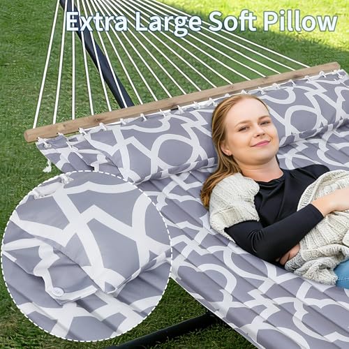 GarveeHome 2 Person Hammock with Stand, Heavy Duty Hammock with Carrying Bag, Soft Pillow, 475 lbs Capacity, Freestanding & Portable for Patio, Garden, Camping, Light Grey - color: Widen--light Grey