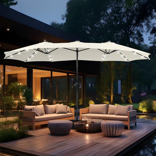 MFSTUDIO 15ft Double Sided Patio Umbrella with Solar Lights, Outdoor Large Umbrellas with Crank Handle and 36 LED Lights, Rectangular Market Umbrella with Base Included for Deck Pool Shade, Ivory - color: Ivory