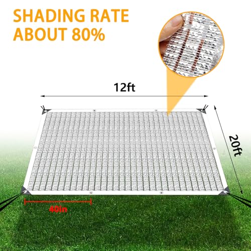 12 x 20 FT Aluminum Shade Cloth for Car, 80% Reflective Sun Protection for Patio Pergola, Shade Sails Cover with Grommets, Silvery Neting for Greenhouse Plants Backyard Dog Chicken Coop Outdoor - size: 12'x20'