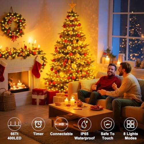 echosari Connectable 400 LED Christmas Lights, Extra Long 66Ft Outdoor String Lights Plug in with Remote Timer for Patio Garden Tree Decor (Warm White) - color: Clear White Warm White