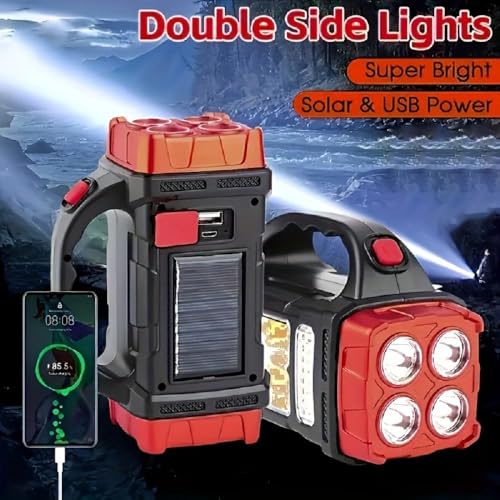 IFTHFOUR High Lumens Solar Flashlight - LED Work Light with USB-C Rechargeable, Waterproof, Multi-Function Flashlight & Lantern for Camping, Emergencies, and Outdoor(RED) - color: Red