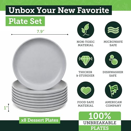 Grow Forward Premium Wheat Straw Plates - 8 Inch Reusable Hard Plastic Dinner Plates Set of 8 - Unbreakable Microwave Safe Plates for Dessert, Camping, RV, Outdoors, Patio, Kitchen Dishes - Feather - color: Feather Grey, size: 8 inch