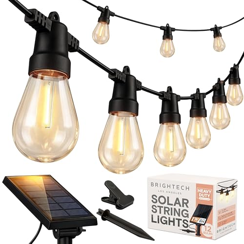 Brightech Ambience Pro Solar Powered Outdoor String Lights -27 ft Commercial Grade Waterproof Edison Patio Lights, Shatterproof LED String Lights for Outside, Porch - 12 Bulbs, 1W Soft White - color: Bright, size: 27 Feet