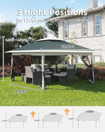 13X13 Pop Up Gazebo,Outdoor Canopy Tent with Mosquito Netting, Double Vented Roof Sun Shelter with Adjustable Heights,Outdoor Gazebo for Backyard & Patio Furniture.(Dark Army Green + Heather Gray). - color: Dark Army Green + Heather Gray
