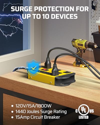 DEWENWILS 8-Outlet Metal Power Strip Surge Protector with 2 USB Ports, UL Listed, 15 Ft Flat Plug Extension Cord, Heavy Duty Industrial Power Strip,15A Circuit Breaker, 1440Joules, Wall Mount - size: 15 Ft