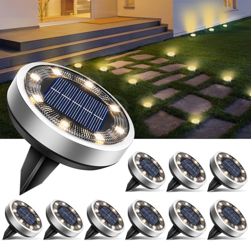 btfarm 10 Pack Solar Lights Outdoor, 8 LED Solar Ground Lights IP65 Waterproof Flat Solar Disc Light, Pathway Lights for Garden Lawn Patio Yard Path Landscape, Warm White - color: Warm White, size: 10 Pack