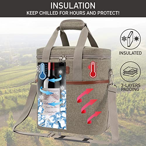 opux 6 Bottle Carrier Tote | Insulated Padded Wine Cooler Bag for Travel. Picnic, BYOB | Portable Leakproof Wine Tote Bag for Dinner, Party, Christmas, Wine Gift for Women, Men (Heather Taupe) - color: Heather Taupe, size: 6 Bottle