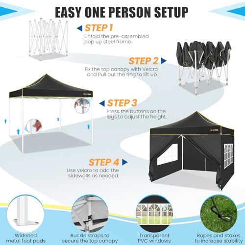 HOTEEL Canopy Tent 10x10 Heavy Duty Pop Up Canopy with Sidewalls, Commercial Instant Waterproof Tent for Vender Patio, UV 50+ with Silver Coated, Upgraded Thickened Hexagonal Legs, Black - color: Black, size: 10x10FT (+4 Walls)