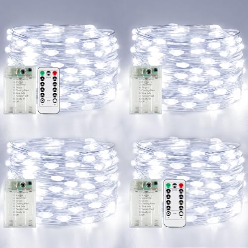 4 Pack Fairy Lights Battery Operated with Remote Control Timer, 26 FT 80 LED String Lights Outdoor Indoor, 8 Mode Twinkle Lights for Christmas Party Wedding Birthday Bedroom Décor (Cool White) - color: Cool White, size: 4 Pack 80led