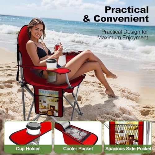 VTOY Folding Camping Chairs Durable 600D Oxford, Portable Outdoor Chair with Cooler Pouch, Cup Holder & Storage Pocket for Camping, Beach, Fishing - color: 2 Pack, Red