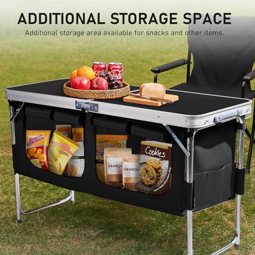 VINGLI 4 Ft Folding Table, Aluminum Camping Table, Picnic Table with Storage, Adjustable Height for Outdoor Beach BBQ Backyards Travel Party (Black) - color: Black