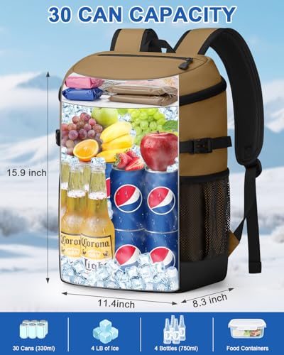 Pritent Cooler Backpack for Men Women Insulated Waterproof Backpack Cooler Leak Proof Cooler Bag Lightweight Lunch Backpack for Camping Beach Travel Picnic - color: Khaki, size: 30 Cans