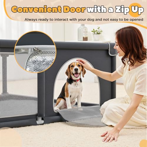 71x59x26 Inches Puppy Playpen with Gate, Dog Playpen for Puppies or Small Dogs, Sturdy Safety Dog Fence Pet Playpen with Thickened Fabric, High-Strength Nylon Wire Mesh for Indoor & Outdoor,Washable - color: Grey-Extra Large