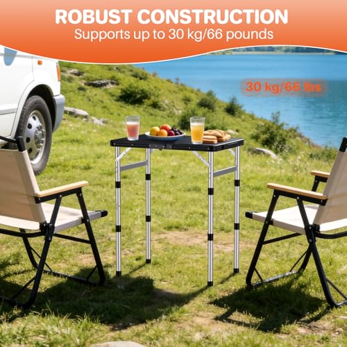 FUNYKICH Camping Table with Waterproof Plastic Tabletop 22.8''x15.7'', 3 Height Adjustable Small Folding Table, Lightweight Portable Picnic Table with Carry Handle for Picnic Beach Travel,Black Silver - color: Black Silver