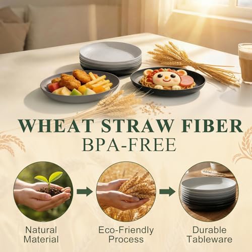 Small Plastic Plates Set for 8, Unbreakable Wheat Straw Plates 8 Inch, Kitchen Plates for Holiday, Party, RV, Microwave Safe Plate for Salad, Fruit, Bread - BlackGrey - color: blackgrey, size: 8 Inch