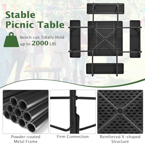 Giantex Picnic Table Bench Set for Up to 8 Persons, Square Outdoor Table and Bench with Umbrella Hole, HDPE Top & Metal Frame, 2000LBS Capacity, Patio Table Bench Set for Deck Backyard Garden, Black - color: Black, size: Square-35"x35"x30"