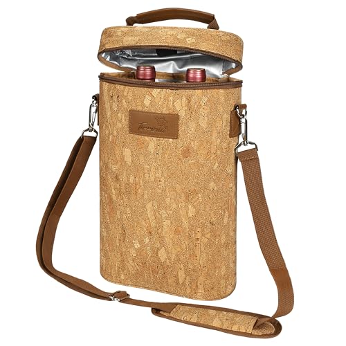 Tirrinia 2 Bottle Wine Gift Tote Carrier - Leakproof & Insulated Padded Versatile Wine Cooler Bag for Travel, BYOB Restaurant, Wine Tasting, Party, Dinner,Gift for Wine Lovers, Cork - color: Cork, size: 2 Bottle-without front pocket