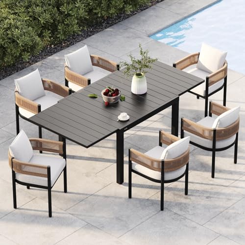 Grand patio 7-Piece Outdoor Dining Set for 6 with 1 Rectangle Expandable Table for 4-6 Person, Metal Woven Wicker Fixed Patio Chairs with Thickened Cushions for Yard, Poolside, Deck (Natural) - color: Natural, size: 7PCS