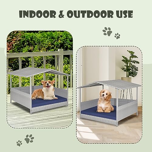 Giantex Wicker Dog House, Raised Rattan Dog Bed with Waterproof Roof, Washable Cushion Cover, Steel Frame, Indoor Outdoor Elevated Dog Bed Pet House for Small Medium Dogs Cats, Easy Assembly - style: Light Gray House & Navy Cushion