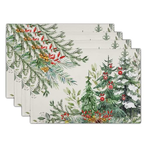 Christmas Placemats Set of 4, 12x18 Inch Winter Xmas Pine Branches Red Berry Bells Washable Heat-Resistant Cotton Linen Place Mats for Farmhouse Kitchen Dining Party Table Decor - color: Pine Bells