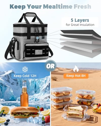 holuxer Tactical Lunch Bag & Lunch Box for Men - Large Double Deck Expandable Insulated Soft Adult Lunchbox for Work - Cooler Bag for Beach, Picnic, Camping,Outdoor，Travel (Gray,16L) - color: Gray, size: Large