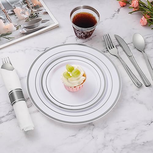 Goodluck 175 Piece Silver Plastic Dinnerware Set for 25 Guests, Fancy Disposable Plates for Party, Include: 25 Dinner Plates, 25 Dessert Plates, 25 Pre Rolled Napkins with Silver Silverware, 25 Cups - color: Silver, style: 175 Piece (25 guests)