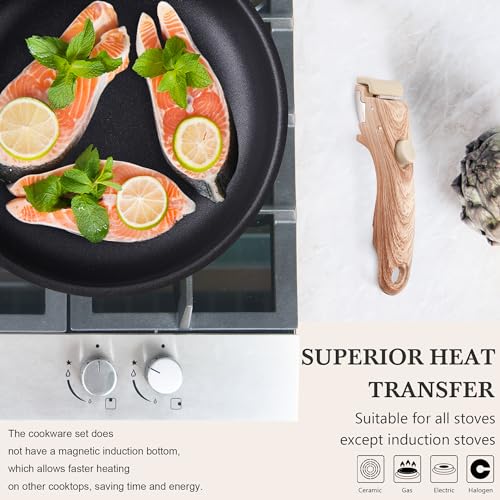 Pots and Pans Set Nonstick - YIIFEEO Stackable Camping Cookware Pots and Pans Set Detachable Handle Kitchen Cookware Sets Removable Handle, Non Toxic Nonstick Frying Pans for Cooking Pot Set Gift - color: Black Beige