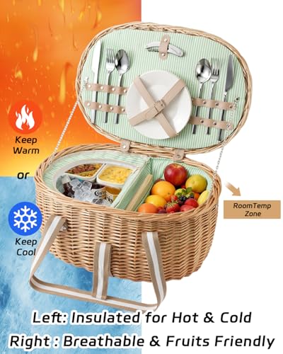 Picnic Basket for 2, Extra Large Wicker Picnic Basket Insulated, Handwoven Vintage Willow Picnic Set, 2 partitions, 8.4 Gal, Portable Camping, Outdoor, Couples Wedding Gifts, Date, Natural - size: Oval with Tableware