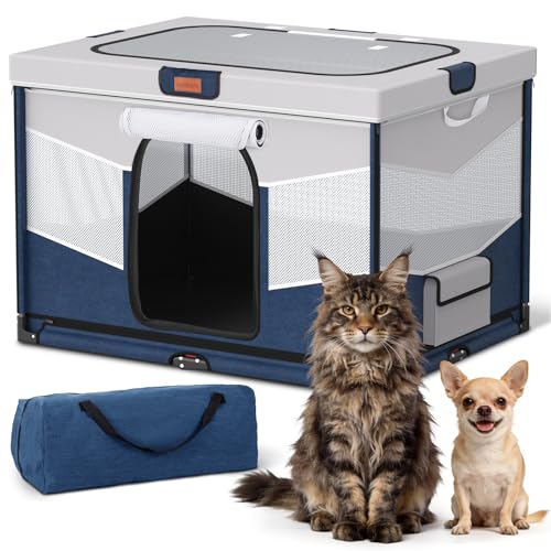 LOOBANI Foldable Dog Playpen for Small Dogs–Sturdy Puppy Playpen Indoor Outdoor with Full-Zip Washable Fabric Enclosure, 690D Waterproof Oxford Fabric, Portable Pet Crate with Carry Bag,32''x24''x22'' - color: Blue-Gray