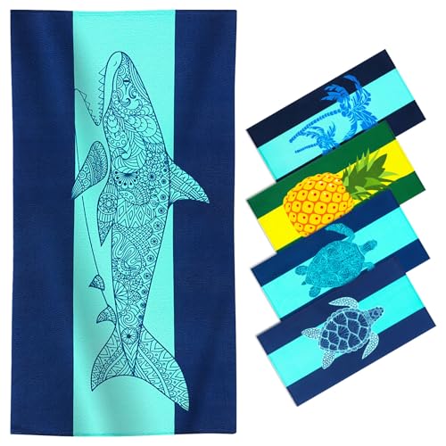 Genovega Oversized Terry Beach Towel 36 x 72 in Soft Extra Large Big Pool Swim Towels for Adult XL Clearance Big Travel Blanket Cruise Vacation Accessories Essentials Lounge Chair Cover Shark - color: Small Shark Blue