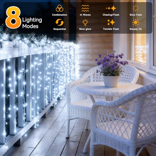 Solar String Lights Outdoor Waterproof 2 Pack Total 66ft 200LED 8 Modes Twinkle Lights Solar Fairy Lights for Patio, Garden Yard Party Wedding Tree Christmas Halloween Decoration, White - color: White