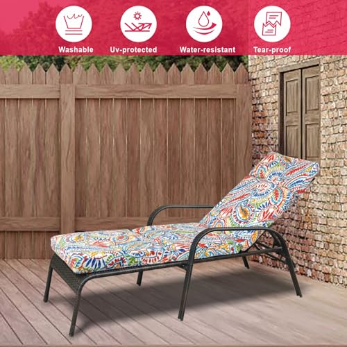 JMGBird 73" Outdoor Chaise Lounge Cushion - Thick Padded Tri-Fold Waterproof Patio Cushion with Removable Cover & Ties, Paisley Pattern - color: Paisley Print