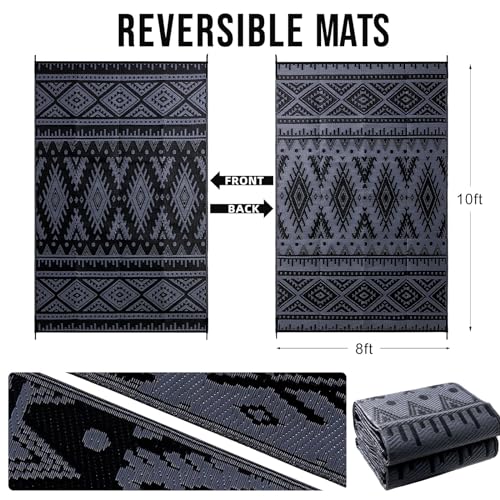 OLANLY Outdoor Rug Waterproof 8x10 ft, Reversible Outdoor Plastic Straw Rug, Boho Patio Rug, Indoor Outdoor Carpet, RV Mat Outside for Patio, Camp, Picnic, Balcony, Deck, Backyard, Black & Grey - color: Black & Grey, size: 8' X 10' (Rectangular)